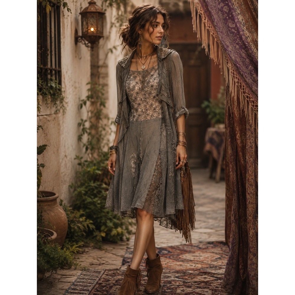 Boho Gypsy Garden fairy gauze lace knee length, elbow length gray collar kimono